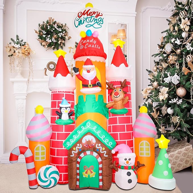 Taman 9.6 FT Christmas Inflatable Decorations Christmas Castle, Outdoor Yard Decorations Built-in Bright RGB Projector Light Blow Up for Yard, Garden,Lawn Outdoor Holiday Yard Decorations