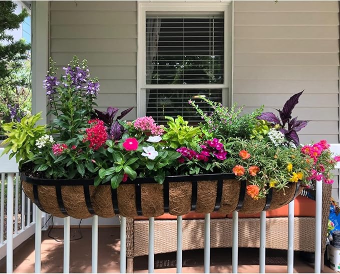 24 Inch Railing Planter Window Box Deck Balcony Rail Planter with Coco Liner Metal Wall-Mounted Coconut Liner Planter Basket English Horse Trough Planters for Outdoor Balcony Porch Fence (2 Pack)