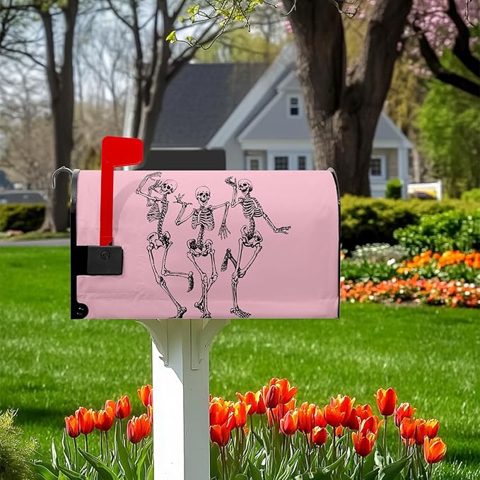 Halloween Skull Mailbox Covers Magnetic Standard Size 21x18 inch Scared Mail Box Cover Pink Mailbox Wraps for Outdoor Garden Decor
