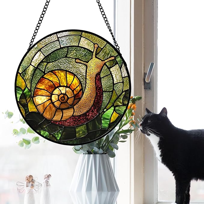 Stained Glass Window Hanging, Green Orange Snail Sun Catcher for Door Home Decor Suncatcher Christmas Mother's Day Birthday Gifts for Women Men Mom and Nana 7.8 in