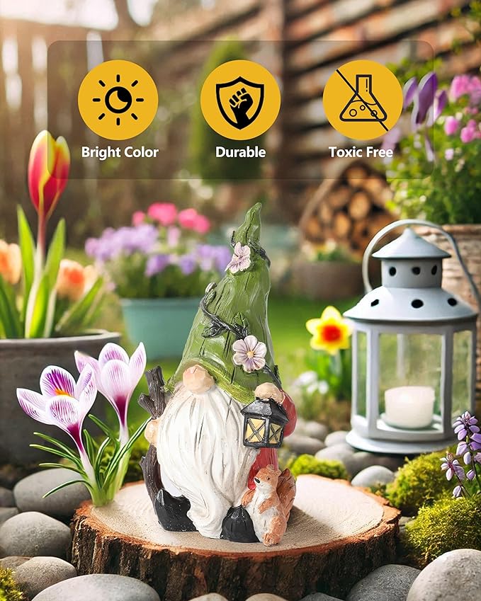 Hand-Painted Resin Garden Gnome with Squirrel Figurine - 9.1" Tall Summer and Spring Decorations for Home, Yard, and Garden - Unique Gnome Gifts for All Ages (Green)