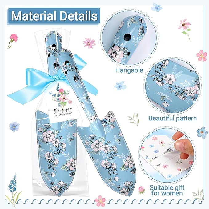 Capoda 12 Sets Floral Garden Shovels Bulk Gardening Gift for Women Thanksgiving Garden Tools Floral Hand Heavy Duty Trowels Thank You Cards with Bags for Christmas Mom Birthday Teacher(Blue,Bright)