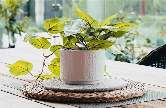 Kurrajong Farmhouse Light Green Fake pothos Plant | Fake Plant for Shelf Decor | Artificial Trailing Ivy Plant with 5" Wide x 3.5" high Ceramic Pot | Faux pothos | Feaux Pothos