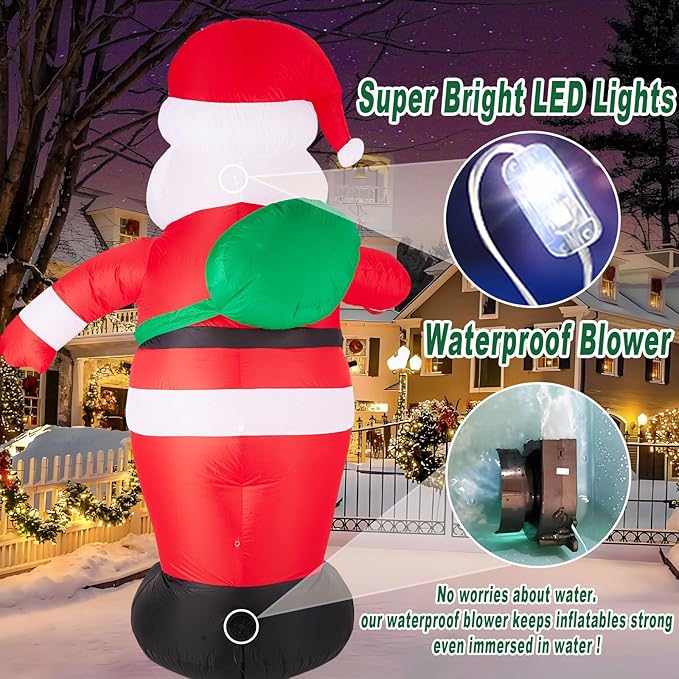 8 FT Christmas Inflatables Santa Claus Outdoor Decorations, Blow Up Yard Decorations Weatherproof Standing Smiling Santa Claus with Gift Bags, Built-in LEDs for Holiday Xmas Garden Lawn Decor