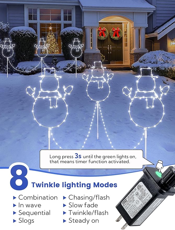 Christmas Walkway Lights,200LED White Christmas Decorations Pathway Lights Plug in,Timer 8 Mode Snowman Garden Light with Stake Waterproof for Fence,Patio,Yard,Party,Xmas Decor-White