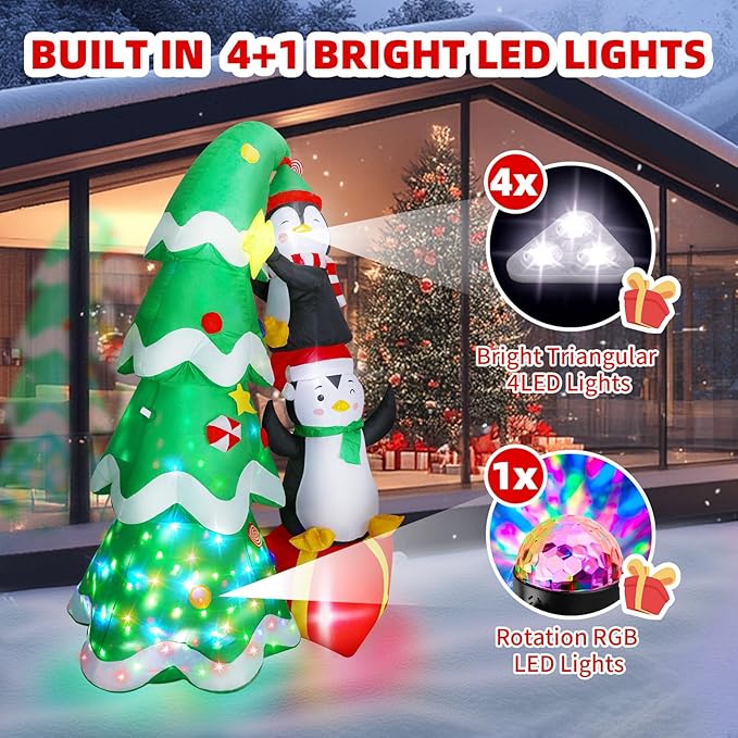Christmas Inflatables Outdoor Decorations, with Rotating Colored Light+LED Lights, Large Blow Up Yard Decor,Christmas Party Outdoor, Yard, Garden, Lawn Winter (7 FT Penguins Climbing Tree)