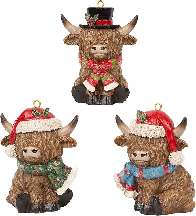 Christmas Highland Cow Figurines Decor, 3 PCS Small Christmas Cows with Scarf, Hanging Ornaments Xmas Resin Statue for Garden Bathroom Kitchen Home Table Decorations