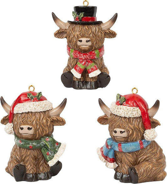 Christmas Highland Cow Figurines Decor, 3 PCS Small Christmas Cows with Scarf, Hanging Ornaments Xmas Resin Statue for Garden Bathroom Kitchen Home Table Decorations