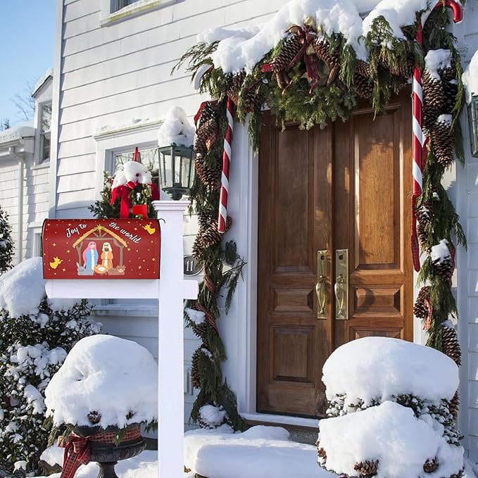 Chrismas Joy to The World Mailbox Cover, Winter Holiday Outdoor Magnetic Mailbox Cover, Post Letter Box Decor for Religious Xmas Jesus Nativity Scene Garden 25.5 X 21