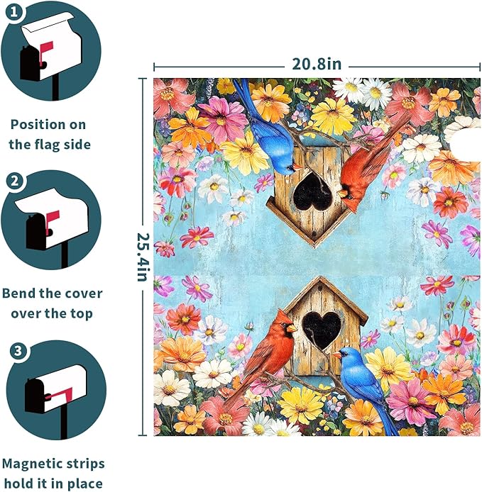 Spring Summer Birds Mailbox Cover Magnetic Standard Size 21x25.5 Inch Welcome Floral Mailbox Wraps Post Box Cover Decoration Outdoor Garden Home Yard Outside