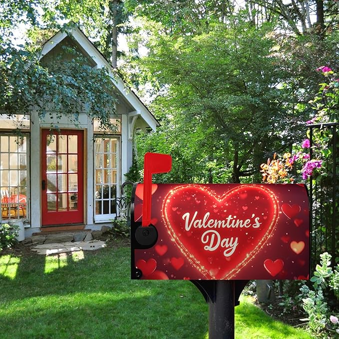 Valentine's Day Mailbox Covers Magnetic Standard Size 21x18 Inch Red Heart Mailbox Cover Love Post Letter Box Wraps for Outdoor Garden Decorations