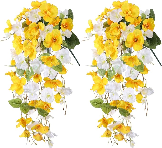 Artificial Hibiscus Fake Hanging Flowers Plants for Outdoors Spring Decoration, 2pcs Faux Silk Outside Hibiscus Long Trailing Vines Realistic UV Resistant for Front Door Planter Porch Patio Yard, Mix