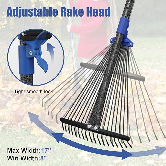Adjustable Leaf Rake, 67” Long Handle Garden Rakes for Lawns Leaves with Expandable Head 8-17", Yard Women Kids Rake for Gardening RV Camping