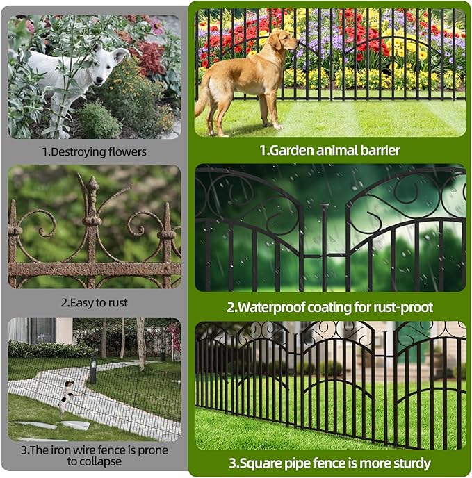 5 Panels 32in(H) Decorative Garden Fence, Total 11ft L Heavy Duty Iron Metal No Dig Animal Barrier Fence, Garden Border Fencing, Temporary Dog Fencing Outdoor for Yard