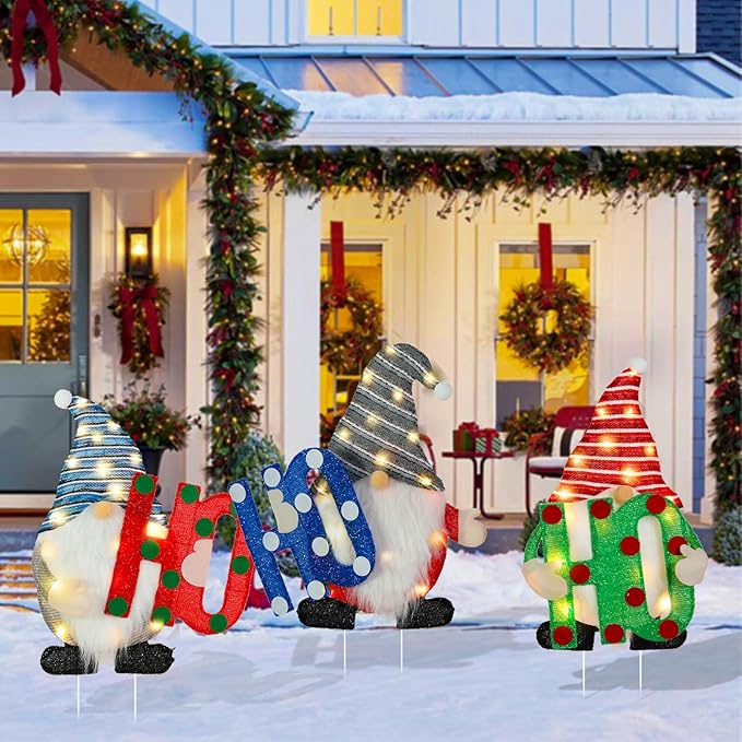Lighted Christmas Gnome Outdoor Stakes 3D Glittered Gnomes with HOHOHO Lighted Up Yard Stakes Outdoor Christmas Decoration for Lawn Yard Garden