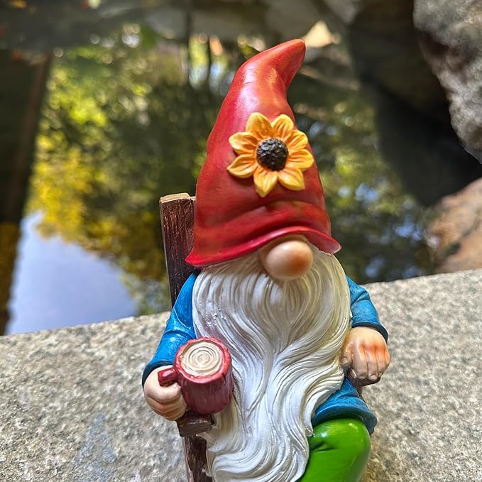 Drinking Coffee Faceless Garden Gnome Statue Decoration - 7.2" Rocking Chair Gnome Statue Figurine Ornament for Indoor Outdoor Home Patio Yard Lawn