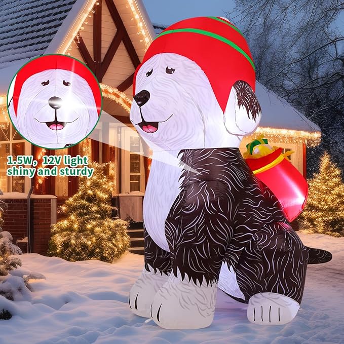 COMIN 5 FT Tall Christmas Inflatables Outdoor Decorations Blow Up Xmas Old English Sheepdog Carrying Presents with Built-in LEDs for Christmas Indoor Outdoor Yard Lawn Garden Decorations
