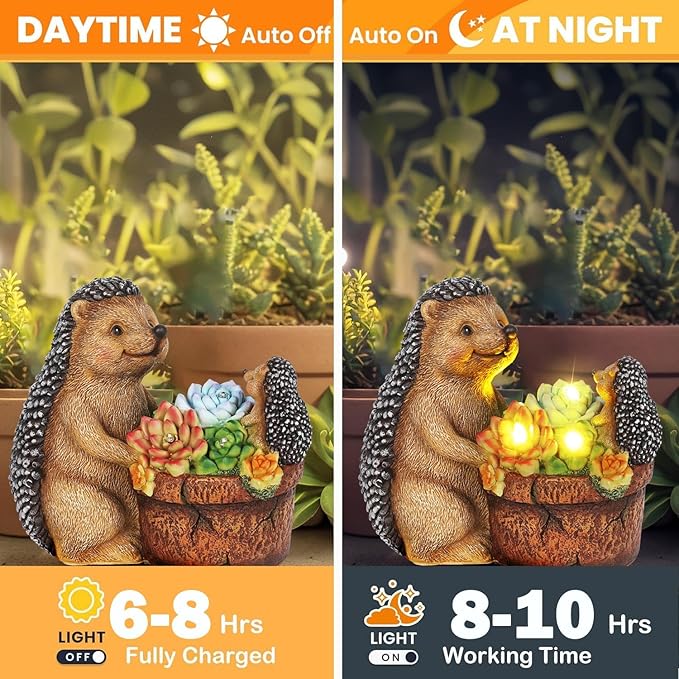 Succulent Hedgehog Garden Statues with Solar Lights Garden Gifts for Women Mom Lawn Ornaments for Patio Yard Decor