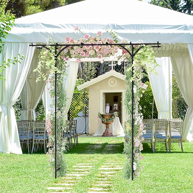 LDAILY Wedding Arch, 6.8FT Rustproof Metal Garden Arbor with Extended Roof & 4 Stakes, Outdoor Plant Support for Vines Roses, Decorative Trellis for Climbing Plants Outdoor for Lawn Wedding Ceremony