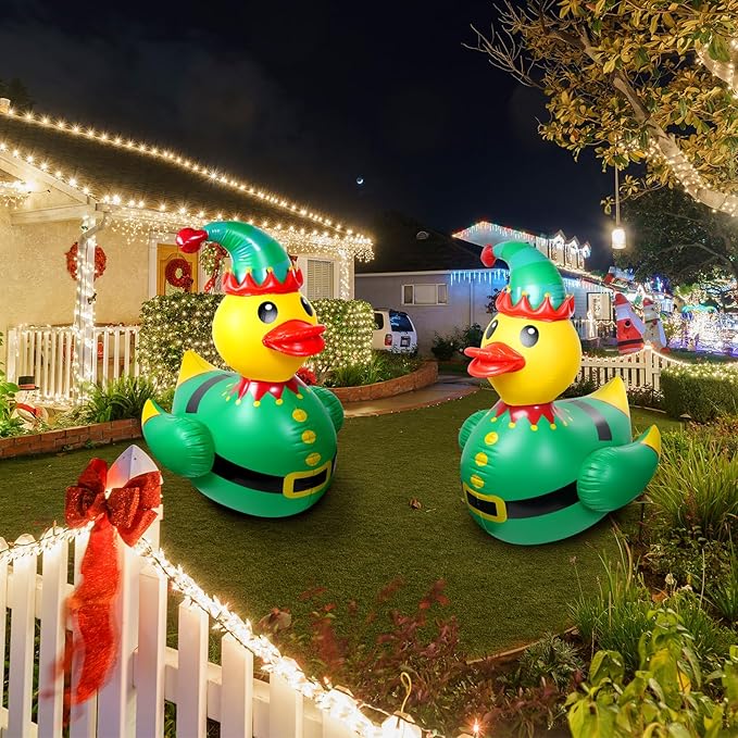 2 Pcs 4.6 Feet Christmas Giant Inflatable Elf Duck Outdoor Decorations,Huge Blow Up Yard Yellow Duck with Green Red Elf Cloth Duck Pool Float for Indoor Christmas Holiday Party Garden Patio Lawn Decor