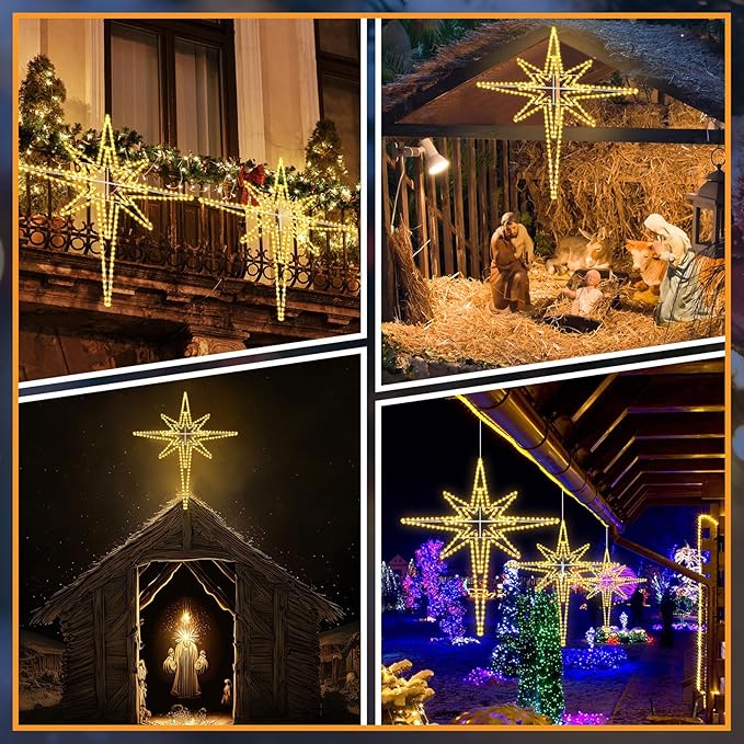 Outdoor Christmas Star of Bethlehem Large LED Star Window Plug Operated Lighted for Xmas Wall Window Indoor Outside Home Street Store Holiday Decorations(43'',Warm Light)