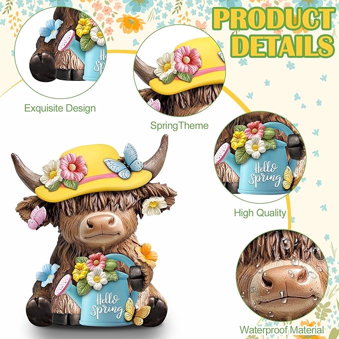 Karenhi 2 Pcs Highland Cow Figurines Spring Flower Highland Cow Gnomes Scottish Resin Statue Calf Lovers Gifts for Home Garden Kitchen Office Tiered Tray Table Decor