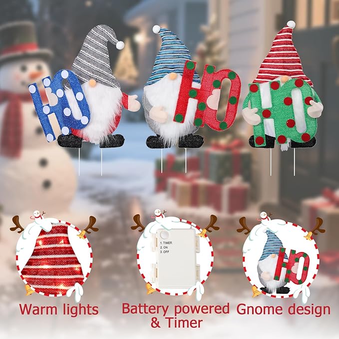 Lighted Christmas Gnome Outdoor Stakes 3D Glittered Gnomes with HOHOHO Lighted Up Yard Stakes Outdoor Christmas Decoration for Lawn Yard Garden