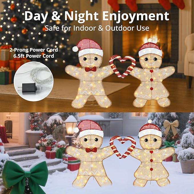 32"H Outdoor Gingerbread Lights, 2D Pre-lit Holiday Lawn Lights Christmas Decorations, 100 Warm White LEDs, Stake-Down Flat Xmas Yard Decor, Ground Decorations for Garden, Porch, Set of 2