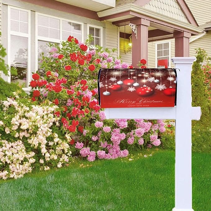 Christmas Mailbox Covers Red Glitter Snowflake Ball Magnetic Letter Post Box Cover Standard Size 21 x 18 Inch Garden Yard Home Decorative