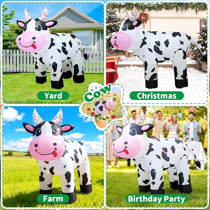 4FT Christmas Spring Farm Ranch Inflatable Cute Farm Cow Blow up Decoration with LED Light Outdoor Indoor Yard Graden Lawn Party Holiday Decor