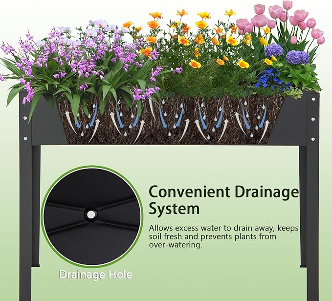 HAPPYGRILL Raised Garden Bed, 31.5” Elevated Planter Box w/Legs, Drainage Hole, Hemming Design, Metal Garden Box for Vegetable Herb, Outdoor Raised Beds for Gardening, Backyard Porch Balcony, Black