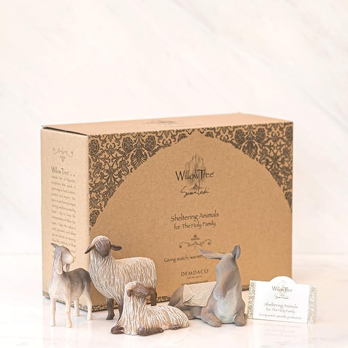 Willow Tree Sheltering Animals for The Holy Family, Giving Watch, Warmth, Protection, Gray-White Standing Goat, Gray Donkey, 2 White Sheep, Sculpted Hand-Painted Nativity Scene Figures, 4-Piece Set