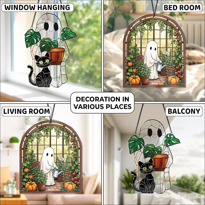 2 Cute Halloween Suncatcher Decorations, Spooky Cute Ghost Plant Window Hangings, Ghost with Black Cat Greenhouse, Pumpkin Ornaments Home Garden, Gifts for Plant Lovers, Women