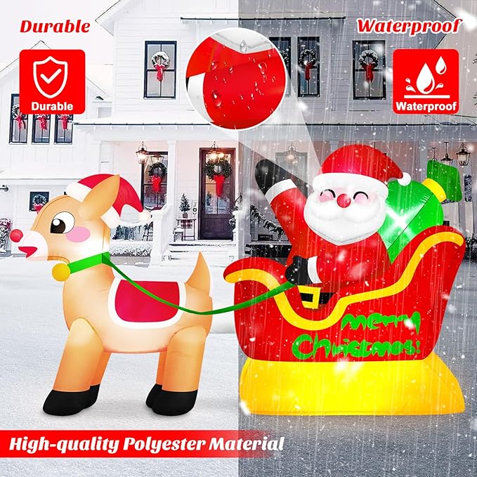 6 FT Long Santa and Reindeer Inflatable Christmas Decorations Outdoor Sleigh, Built-in LED Lights Funny Rein Deer Sled Blow Up Yard Decoration for Winter Vacation Outside Lawn Patio Xmas Indoor Party