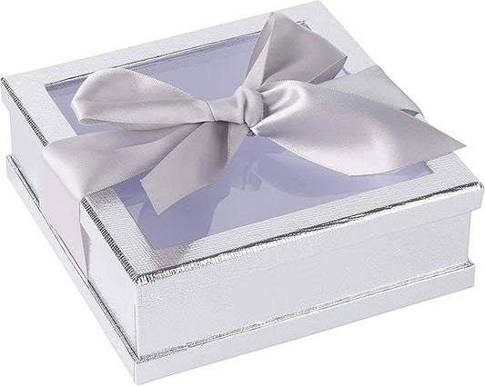 Hammont Clear Window Gift Boxes - 3 Pack - Multipurpose Bakery Boxes with Ribbon | Treat Boxes Perfect for Party Favors, Cookies and Cupcakes (Silver, 7” x 7” x 2”)