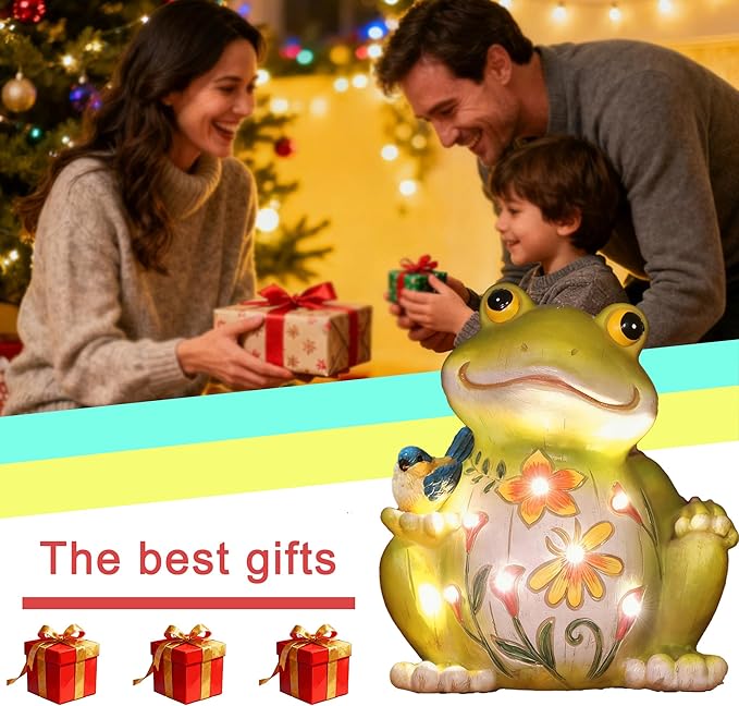 Outdoor Frog Sculptures,Solar Resin Garden Outdoor Statues,Christmas Decorations Frog Gifts Sculptures Decorations for Home Patio,Yard,Lawn, Porch, Ornament