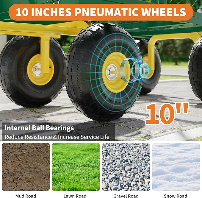 Metal Wagon - 500lbs Garden Cart with 10" Multi-Terrain Tires, 4 Removable Mesh Sides & 180° Swivel Handle, Yard Wagon Cart for Lawn, Yard, Patio Gardening
