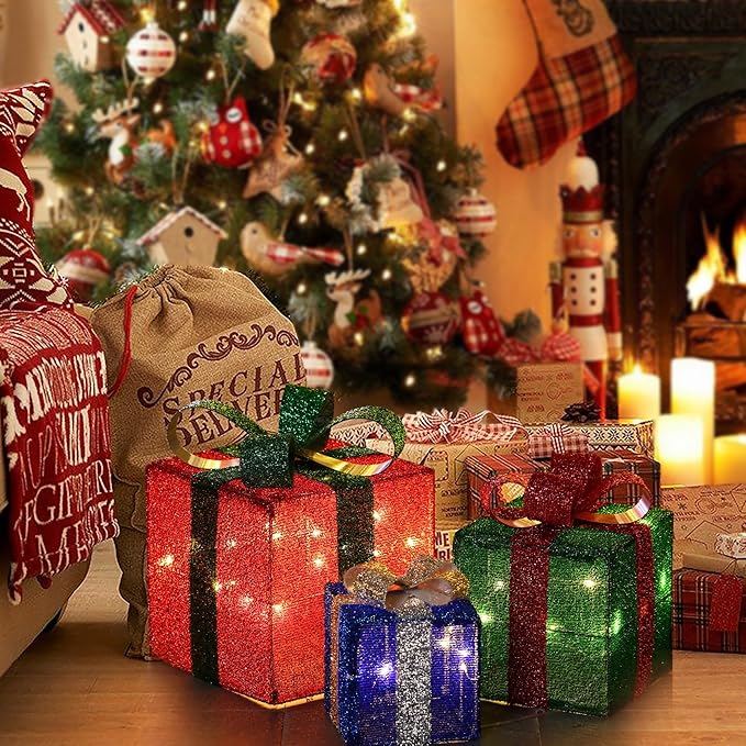LuxenHome Set of 3 Lighted Gift Boxes, Plug-in Multi Color Boxes with Ribbon Bow for Xmas Holiday Display, Lawn, Porch, Under Tree Indoor, Outdoor Christmas Decoration.