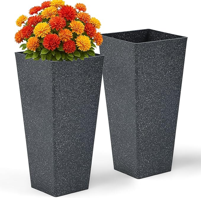 28" Large Planters Tall Square Planter for Plants Outdoor Set of 2 V-Shaped Flower Pot Black Terrazzo Garden Plants Pots, Durable and Weather-Resistant for Patio, Porch Home