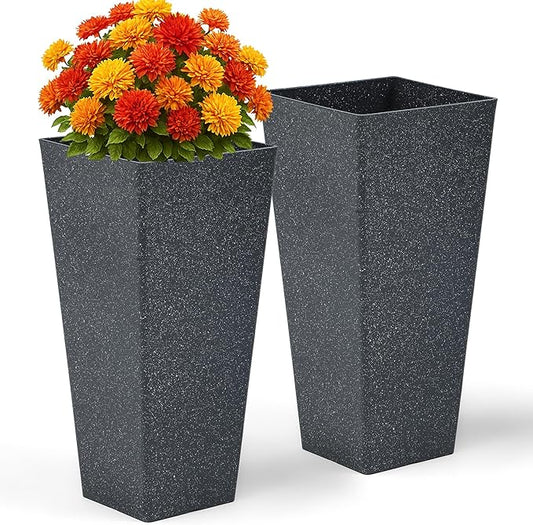 28" Large Planters Tall Square Planter for Plants Outdoor Set of 2 V-Shaped Flower Pot Black Terrazzo Garden Plants Pots, Durable and Weather-Resistant for Patio, Porch Home