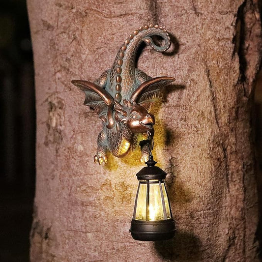 Garden Dragon Statue with Solar Light Outdoor Garden Decor for Outside Porch Patio Wall Tree Fence, Whimsical Yard Art Tree Hugger Decorations Figurine, Housewarming Gifts for Women Men Dragon Lovers