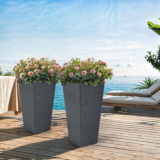 28" Large Planters Tall Square Planter for Plants Outdoor Set of 2 V-Shaped Flower Pot Black Terrazzo Garden Plants Pots, Durable and Weather-Resistant for Patio, Porch Home