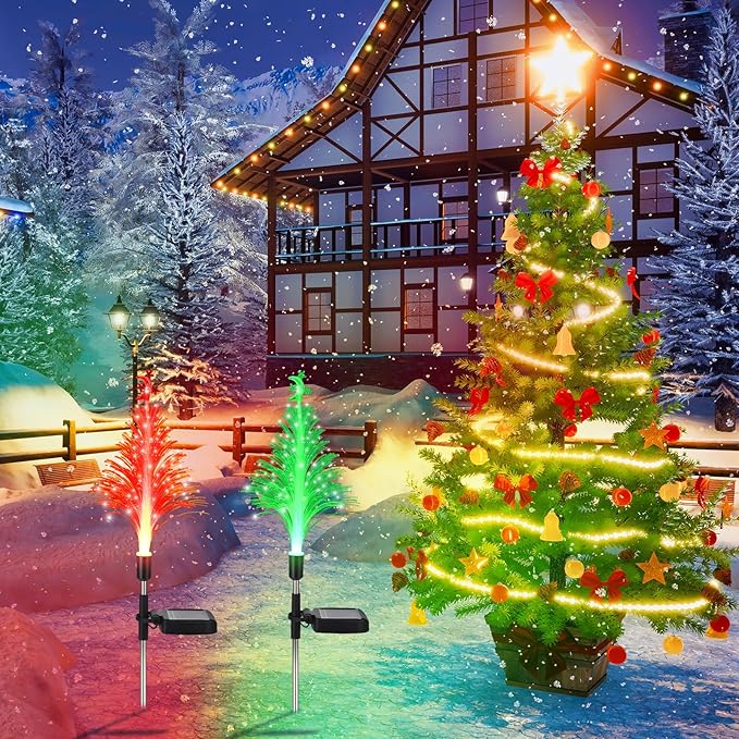 Baquler 2 Pcs Solar Christmas Tree Garden Stake Lights Outdoor Christmas Tree Lighted Yard Decorations Multicolor LED Solar Stakes for Pathway Lawn Patio Xmas Ornament (Moon Star)