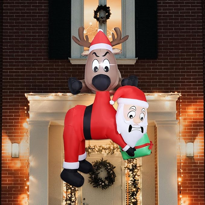 Lulu Home 7.2FT H Christmas Inflatable Decoration, Light Up Air-Blown Reindeer Holding Santa in The Mouth, Xmas Blowups with Storage Bag for Roof Balcony Tree Window Sill Holiday Display