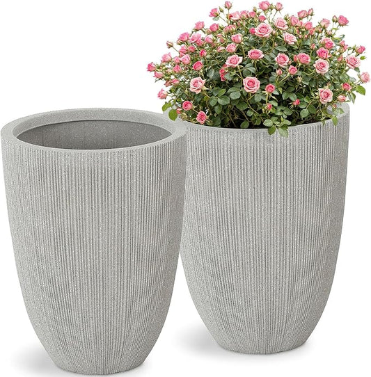 19" H Mediterranean Beige Round Planter for Outdoor Plants,Set of 2 Large Flower Pot with Drainage Hole,Weather-Resistant for Porch,Garden,Patio or Indoor Use, Ideal for Christmas Decoration