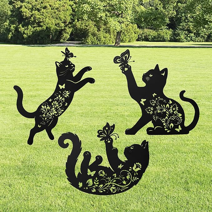 Cat Decorative Garden Stakes, 3 Pcs Cat Lover Gifts for Women Men Metal Garden Stakes, Butterfly Floral Silhouette Outdoor Yard Art Lawn Decor