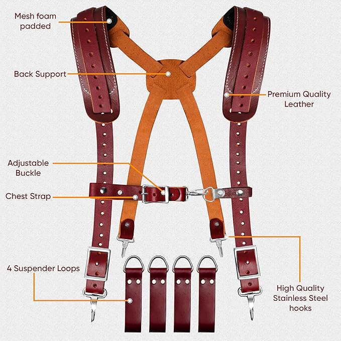 FUERI Tool Belt Leather Suspenders for Men Heavy Duty Bags Construction Carpenter Tools Electricians Framers