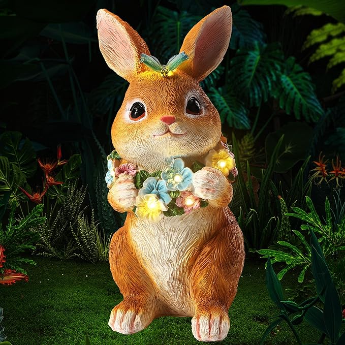 Solar Garden Statues Outdoor Decor, Rabbit Statue with Butterfly & Flowers, Yard Decoration with 6 LED Lights for Patio, Balcony, Backyard, and Lawn, Unique for Mom, Grandma