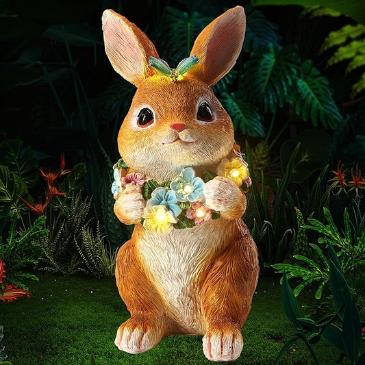 Solar Garden Statues Outdoor Decor, Rabbit Statue with Butterfly & Flowers, Yard Decoration with 6 LED Lights for Patio, Balcony, Backyard, and Lawn, Unique for Mom, Grandma