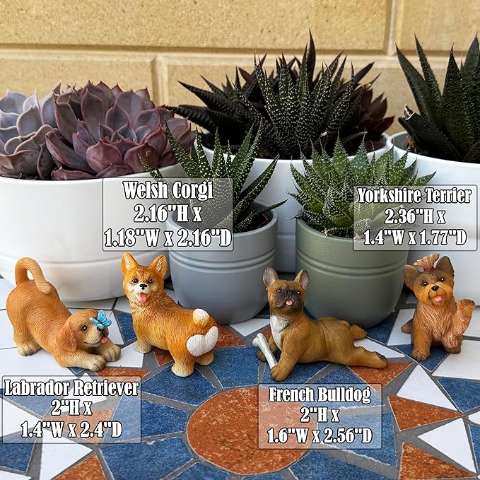 Mood Lab Funny Dog Figurines Set - Miniature Realistic Puppy Decor of 4 pcs - Mini Fairy Garden Decoration